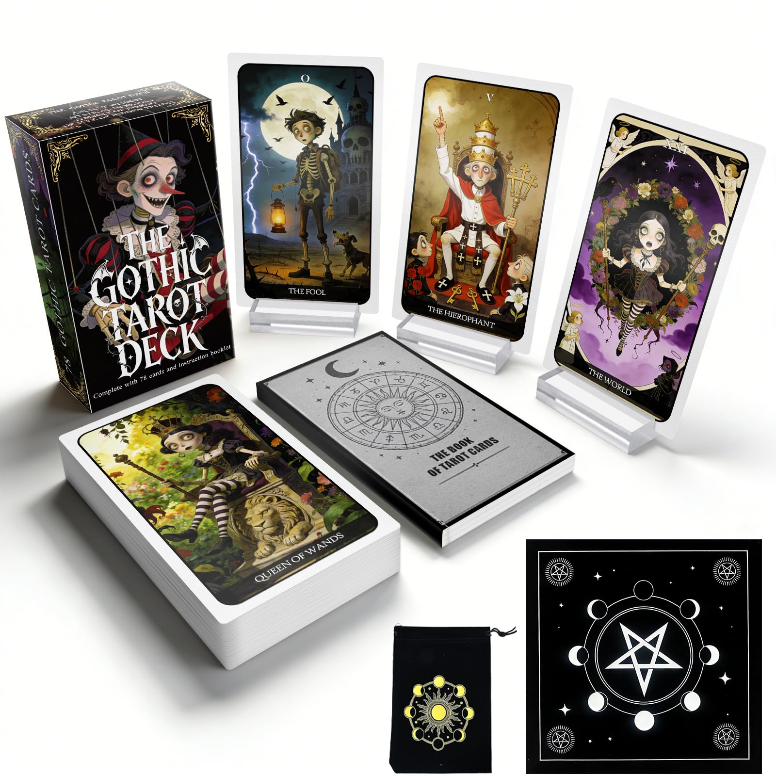 Powerful Gothic Tarot Cards Deck with Guide Book, 78 Dark Gothic Tarot Cards for Beginners, Dreamlike Black Tarot Deck with Velvet Cloth, Acrylic Stands & Storage Bag for Daily Reading