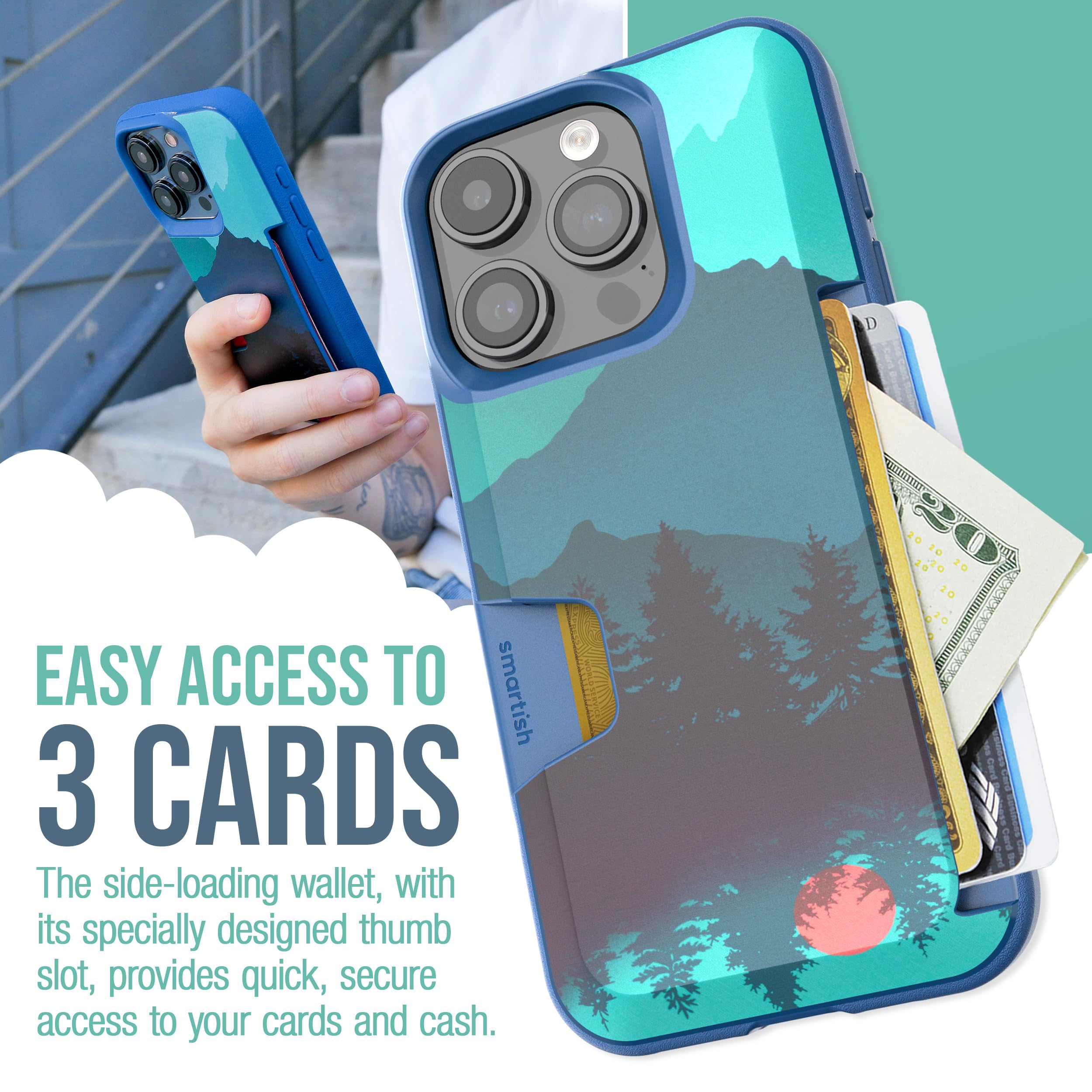 Smartish Custodia a portafoglio per iPhone 15 – Wallet Slayer Vol. 1 [sottile + protettiva] porta carte di credito – Moving Mountains