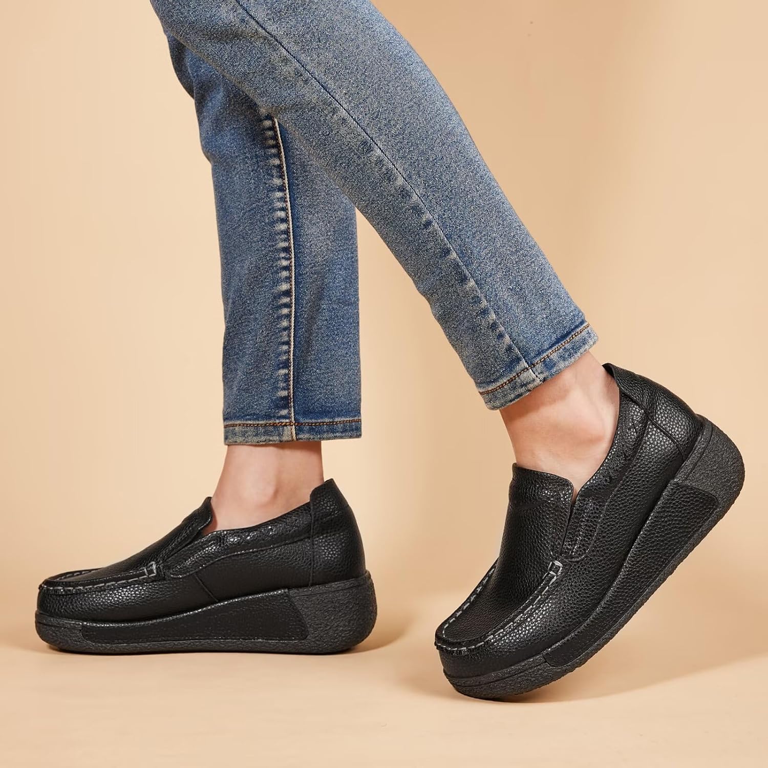 Women's Platform Leather Loafer Dress Walking Slip-On Comfort Chunky Work Shoes