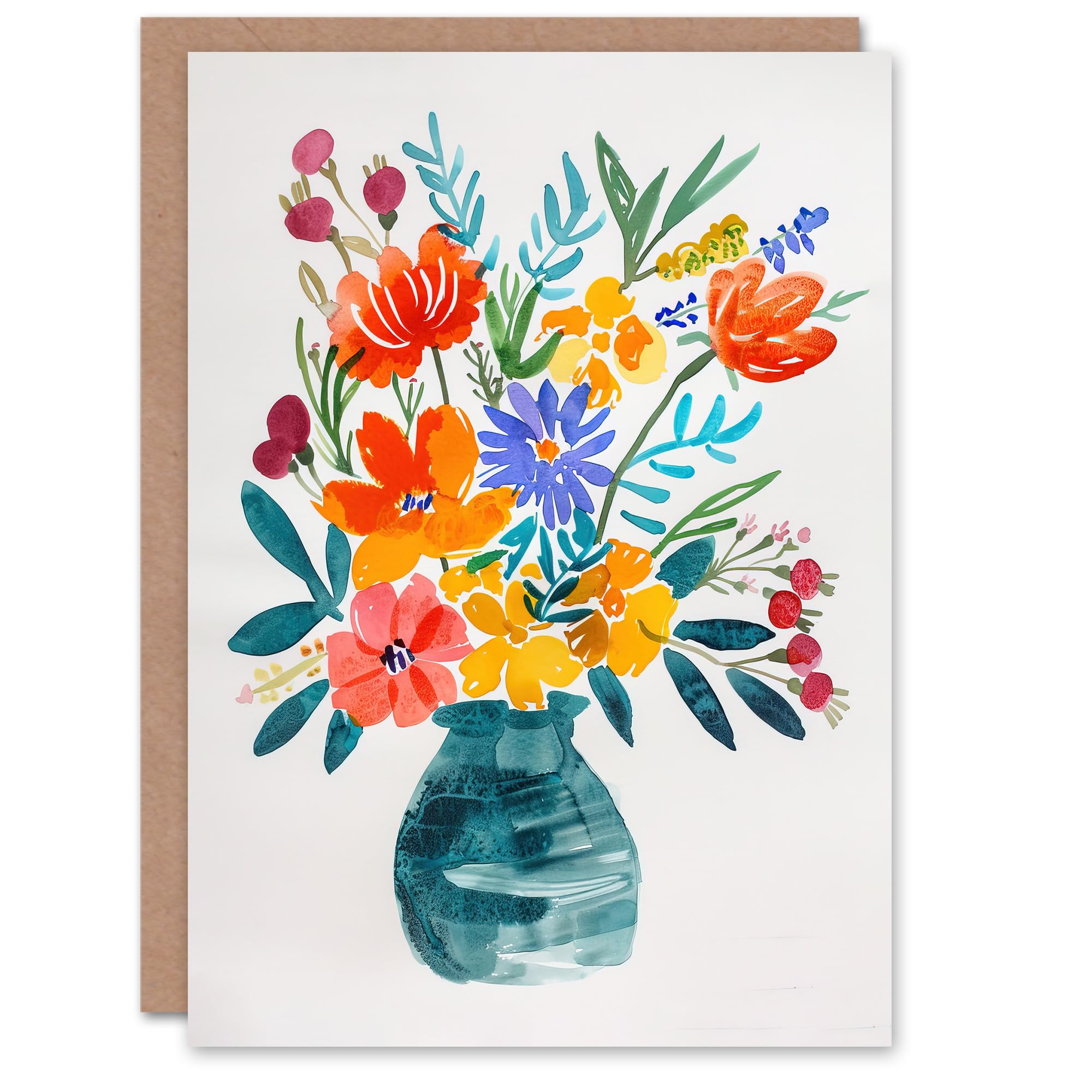 Greeting Card Bright Colourful Flower Bouquet Vase Watercolour Birthday