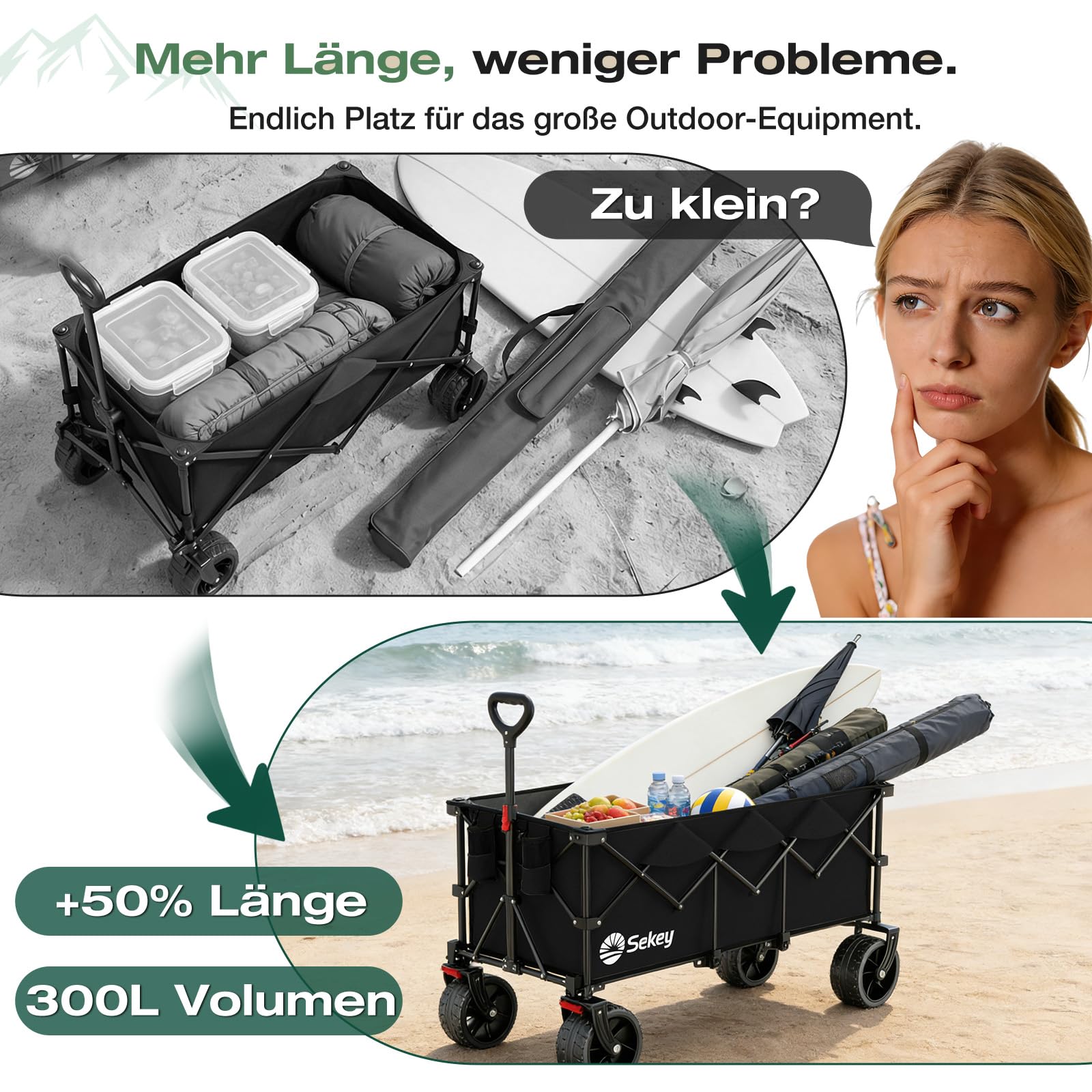 Sekey XXXL Bollerwagen Faltbar 300L 200KG All-Terrain-Räder Transportwagen Schwarz