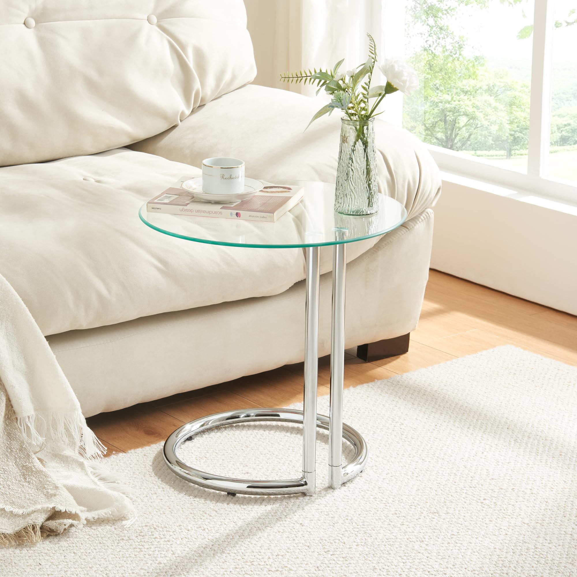 [en.casa] Mesa Auxiliar Ylivieska en Forma de C Mesa de Centro Redonda Mesita de Salón Uso Versátil Tablero de Vidrio Templado Metal 46 x Ø 45 cm - Transparente/Color Cromo