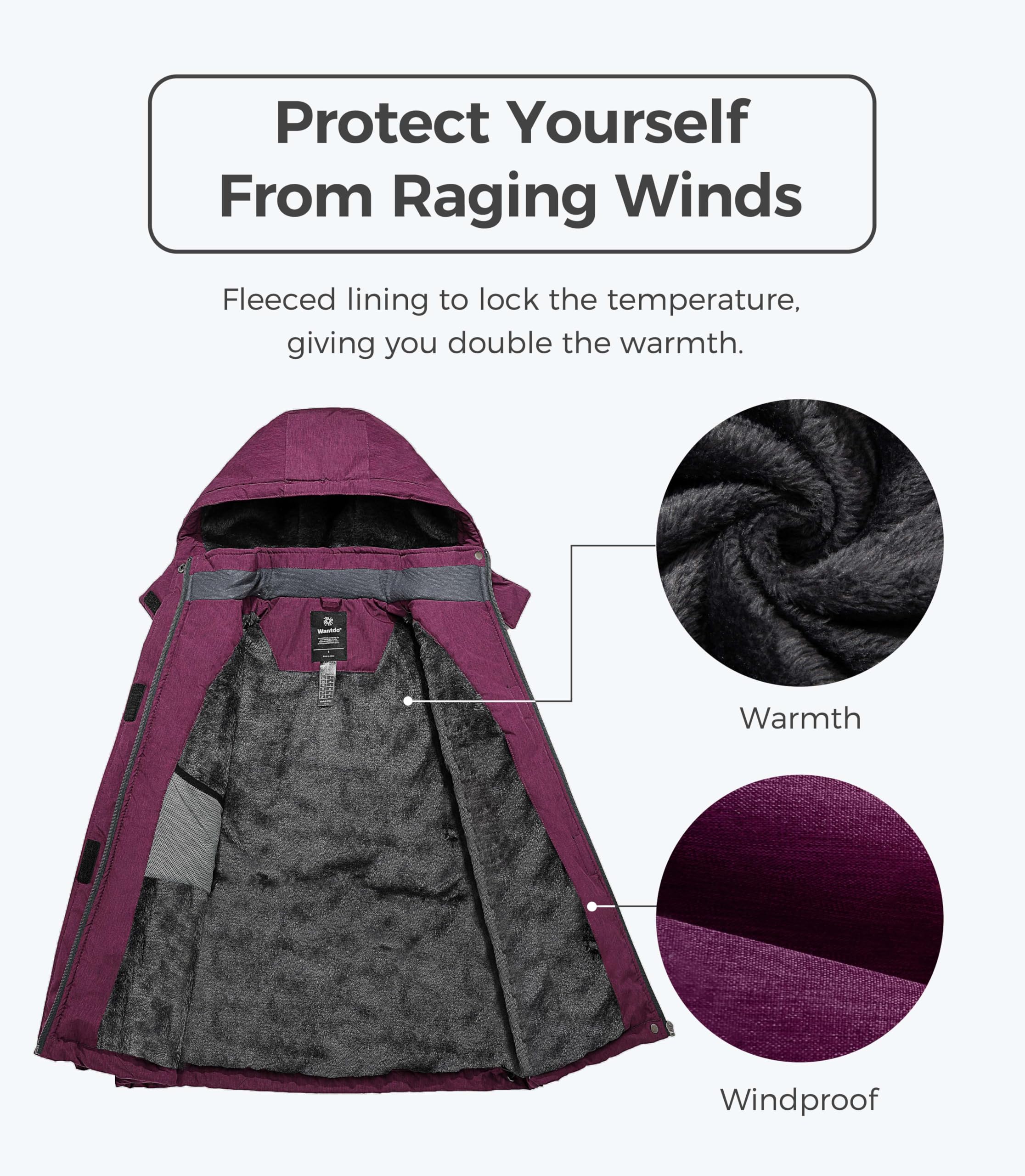 Wantdo Giacca da Sci Montagna Invernale Parka da Neve Caldo con Cappuccio Cappotto da Snowboard Giubbotto da Escursionismo Impermeabile Donna