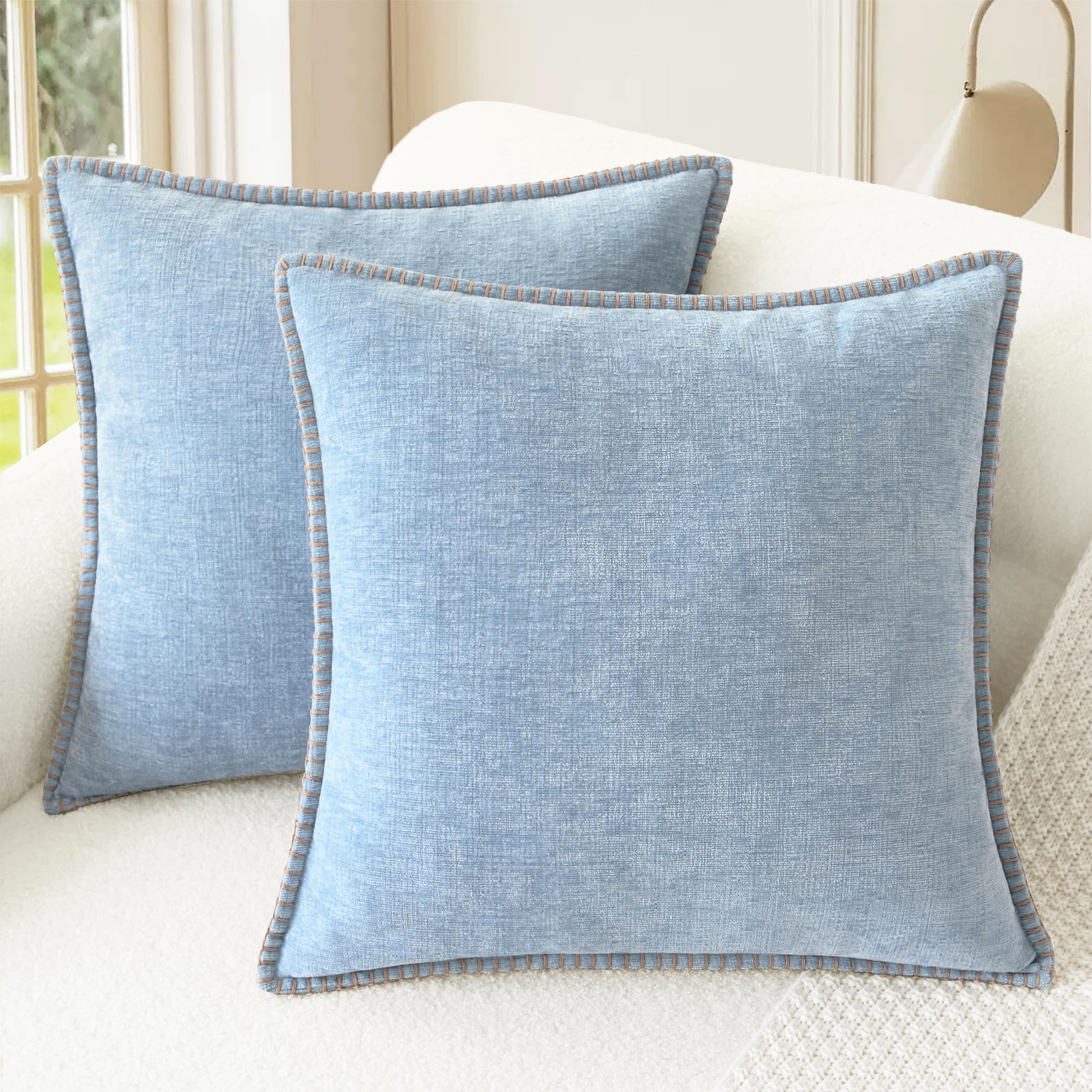CaliTime Throw Pillow Cases Pack of 2 Cotton Thread Stitching Edges Solid Dyed Soft Chenille Cushion Covers for Couch Sofa Home Farmhouse Decoration 45cm x 45cm Baby Blue โ image 1