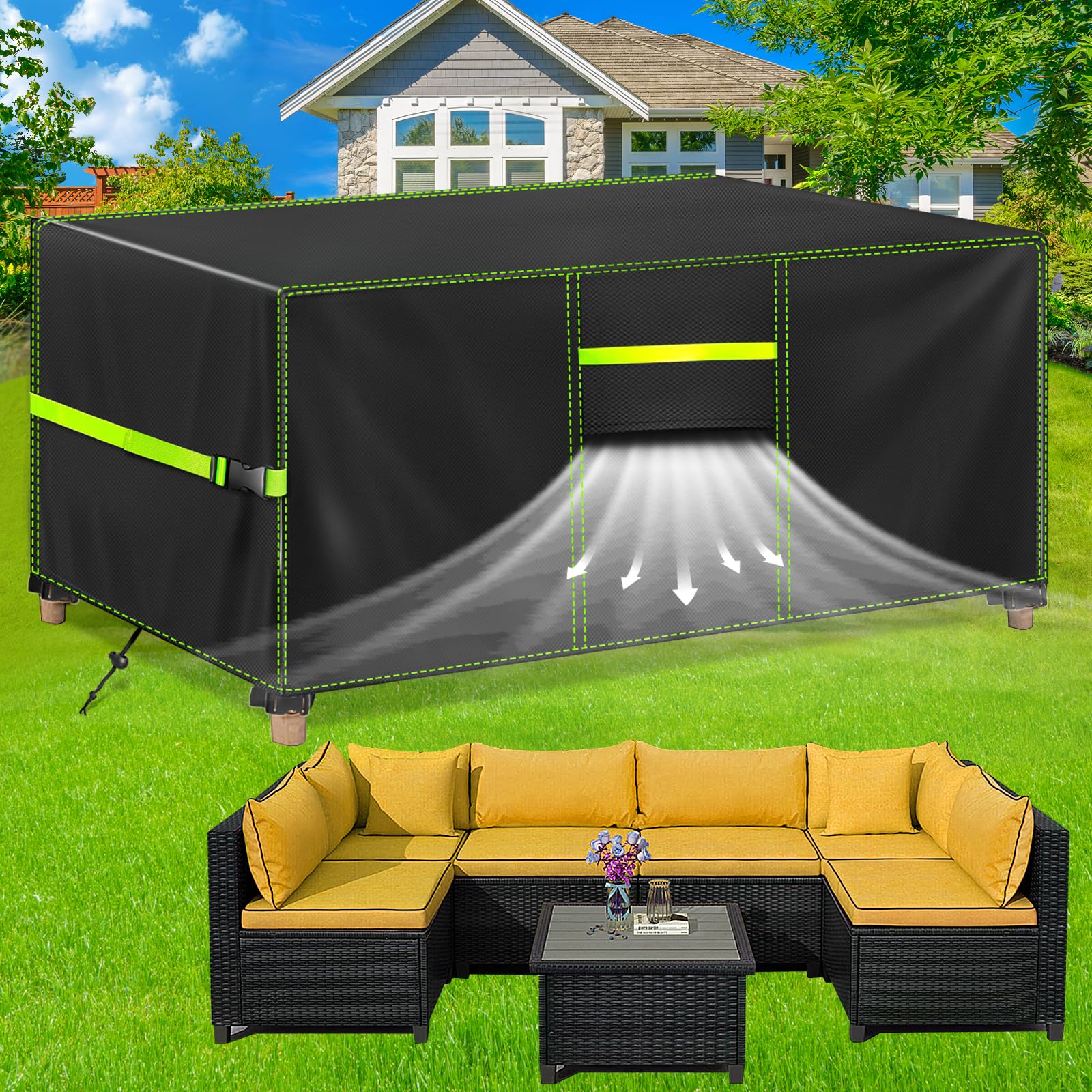 Housse de protection imperméable pour meubles de jardin, résistante à l'hiver, bâche Oxford 420D, pour table de jardin, meubles de terrasse, rectangulaire, 280 x 204 x 106 cm