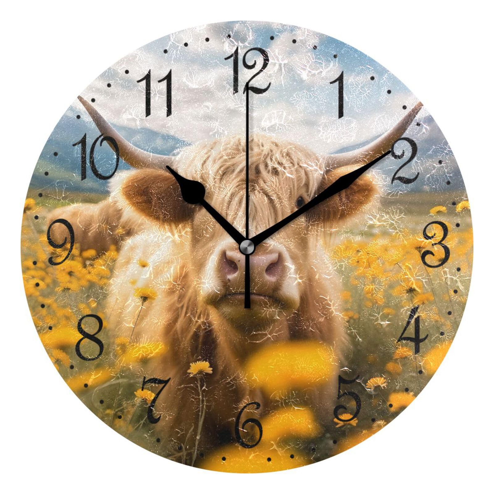 Mnsruu Wall Clock Yellow Flowers Highland Cow, Silent Non-Ticking Decorative Wall Clocks Battery Operated 25x25cm — image 1