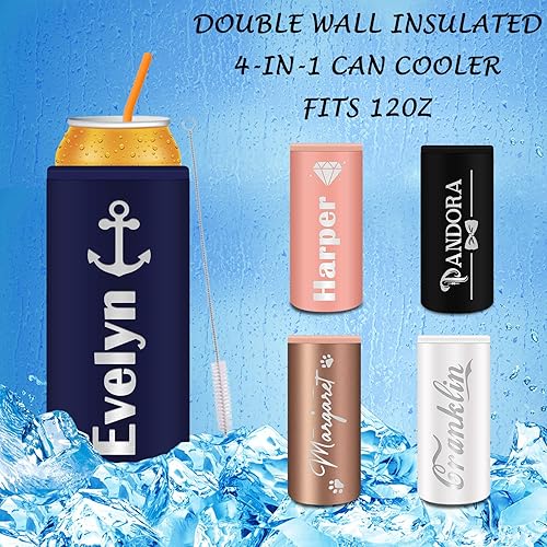 Miniatura 3 de Enfriador de latas personalizado grabado de acero inoxidable personalizado de 12 onzas, funda delgada para latas con nombre, soportes de cerveza de