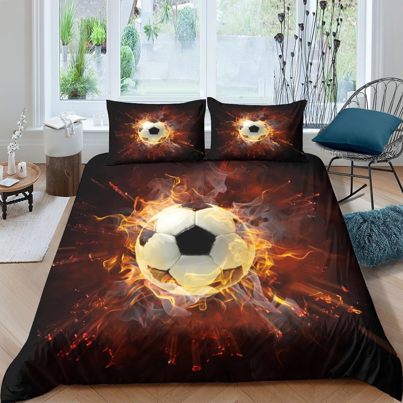 Ctjqhvkz Style-2 3D Printed Fiery Soccer Ball Fitted Sheet Microfiber Soft Mattress Cover Bedroom Guest Room Decor Washable Single（135X200cm）