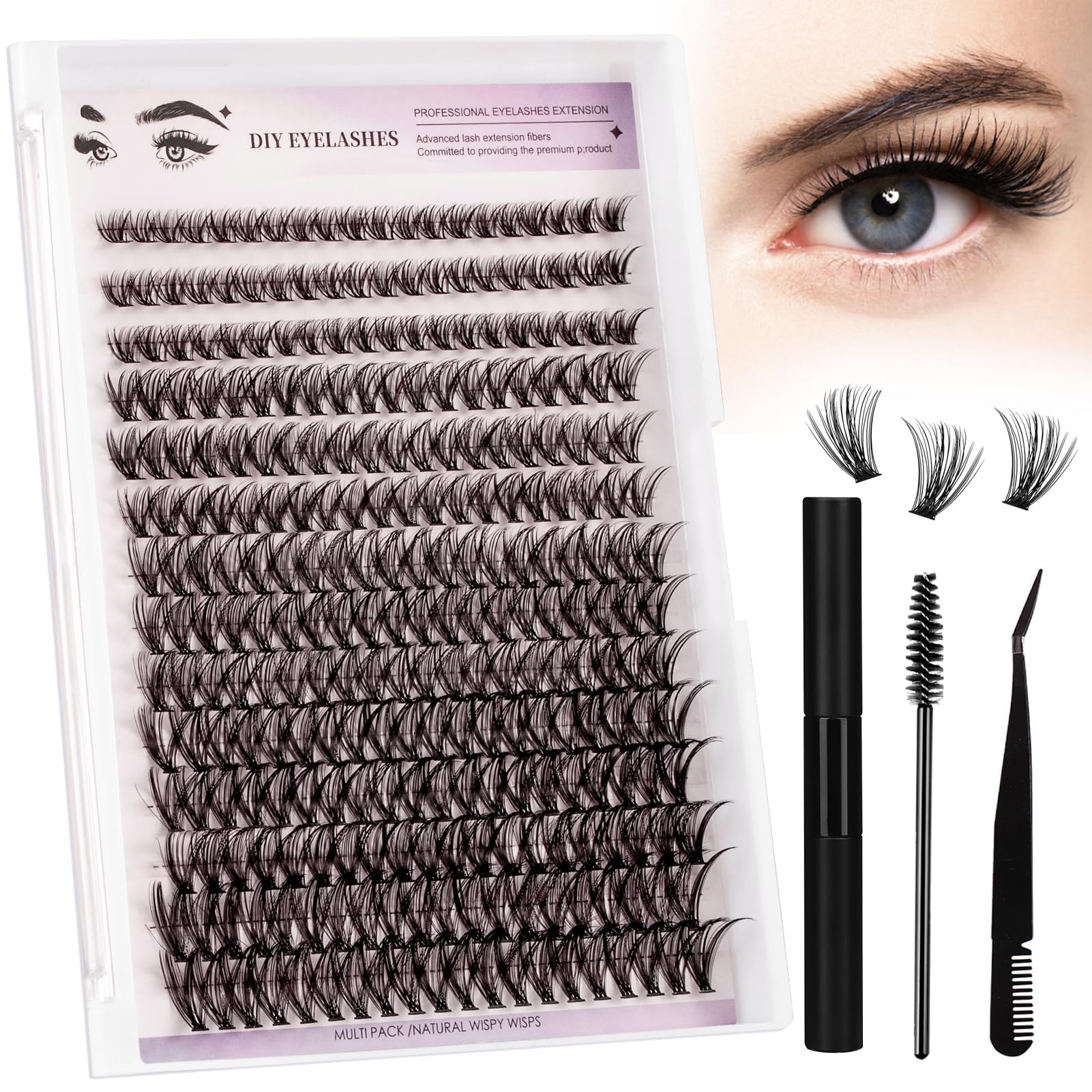 Extensiones de Pestañas 280 Piezas 40D 8-16mm Individuales Pestañas Pelo Kit Diy Naturaleza Pestañas En Racimo Kit Con 2 In 1 Sellador de Pegamento Para Pestañas y Pinzas Adecuado Principiantes
