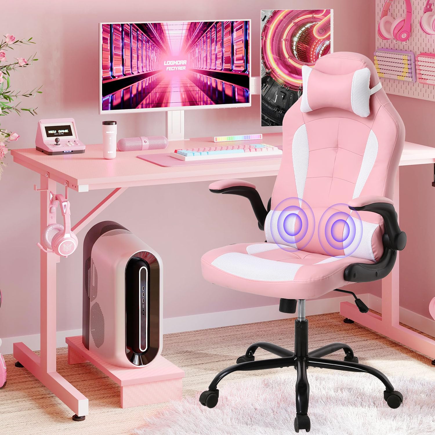 Pink Gaming Chair, Massage Gaming Chairs for Adults, Leather Computer Desk Chair for High Back, Height Adjustable Reclining Gamer Chair with 360°