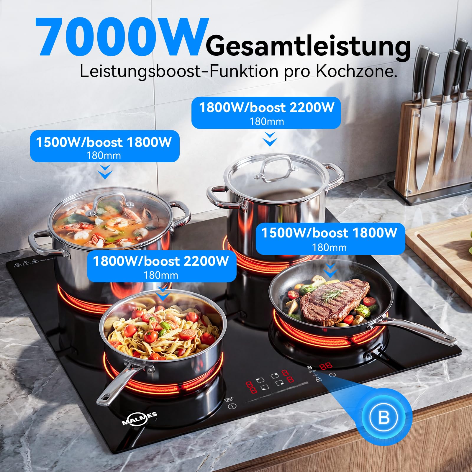 4 Platten Induktionskochfeld 60 cm, 7000W, Einbau Kochfeld Induktion | Power Booster Touch-Bedienung, 9 Leistungsstufen, Sicherheitsschloss, Touch-Bedienung, Zeitschaltuhr, D60474H2