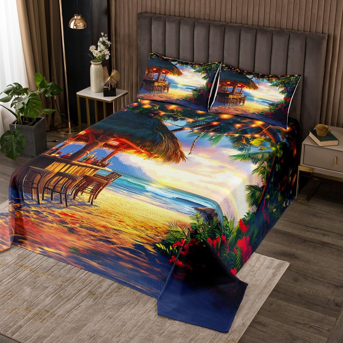 Erosebridal Tiki Bar Coverlet Set Queen Size, Ocean Beach Quilt Set Palm Tree Leaves Bedspread Set for Kids Teens Adult Bedroom Decor, Tropical Hawaii Theme Bed Set with 2 Pillow Cases
