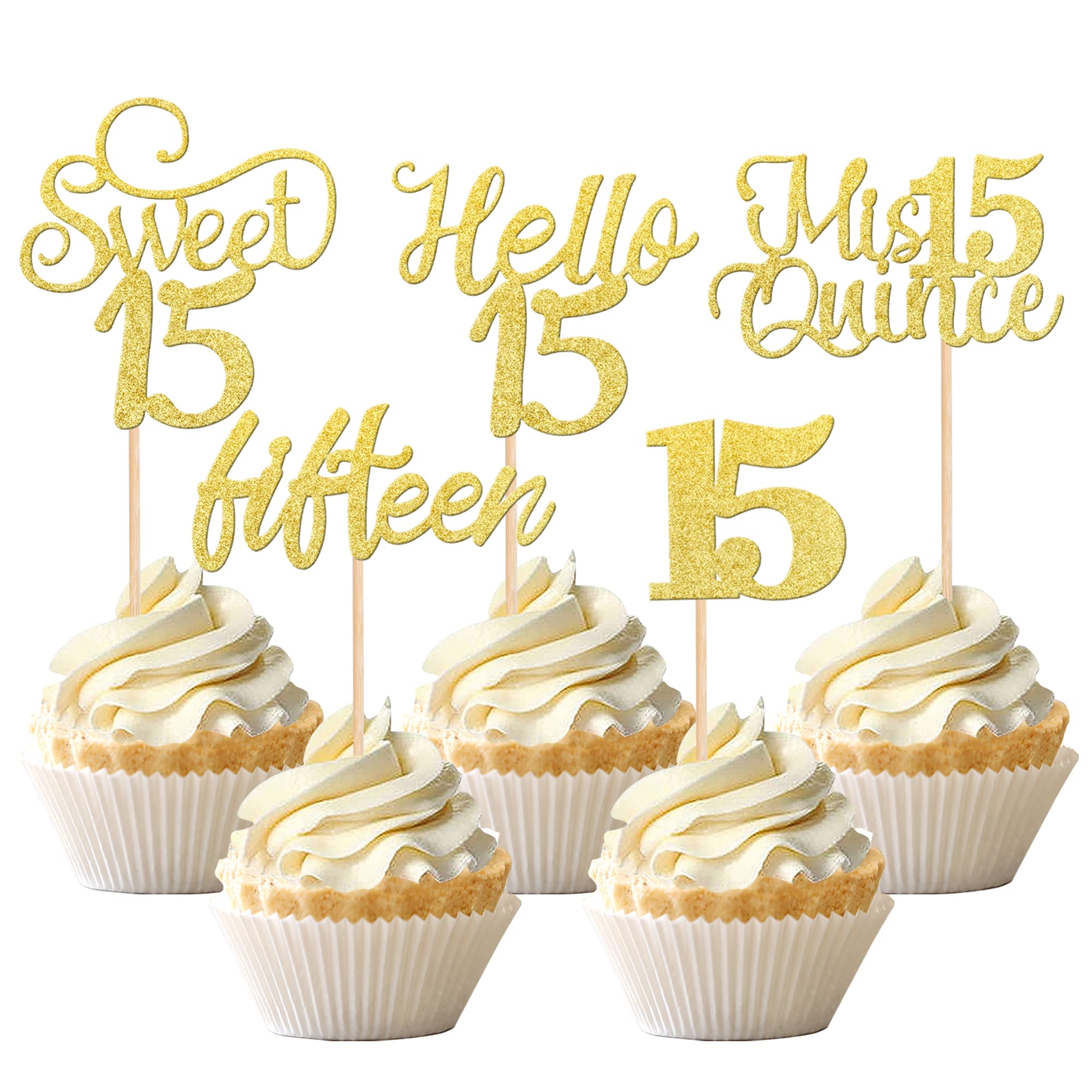 30PCS 15th Birthday Cupcake Toppers Glitter Hello 15 Mis Quince Cupcake Picks Fifteen Sweet 15 Cake Decoration for 15th Birthday Anniversary Party