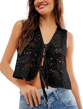 Womens Vest Top Trendy Floral Embroidered Eyelet Tie Front Tops Fashion Crochet Lace Hollow Out Vests