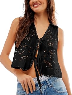 Womens Vest Top Trendy Floral Embroidered Eyelet Tie Front Tops Fashion Crochet Lace Hollow Out Vests