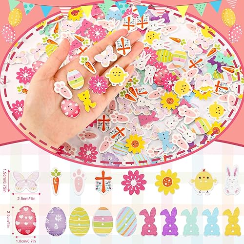 Miniatura 2 de JUNEBRUSHS 260 botones de madera de Pascua, 2 agujeros, flores, mariposas, cruces, pollos, zanahorias, conejo, botones de costura de madera para