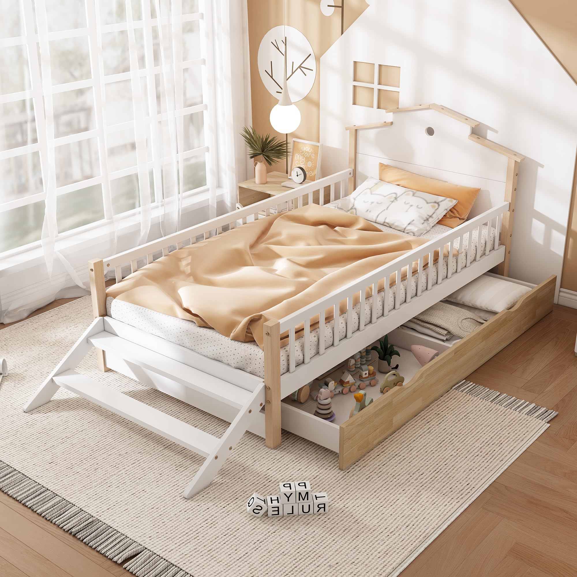 Kayan Cuna, con protección contra caídas y rejilla, con escalera lateral, diseño de techo único, adolescentes y adultos, camas planas, camas de madera, marco de pino+MDF, blanco y natural, 90 x 200 cm