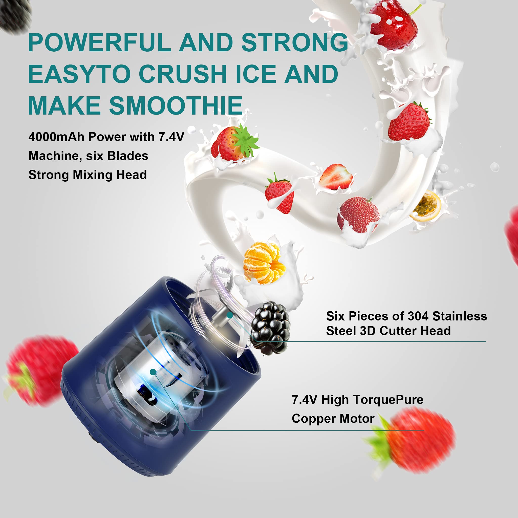 Vortex A7-BLUE BPA free FDA CE Rohs FCC PCTG commestibile ricaricabile Sei lame in acciaio inox interruttore blocco 500ml frullatore portatile singolo frullatore di frutta tempo di miscelazione veloce