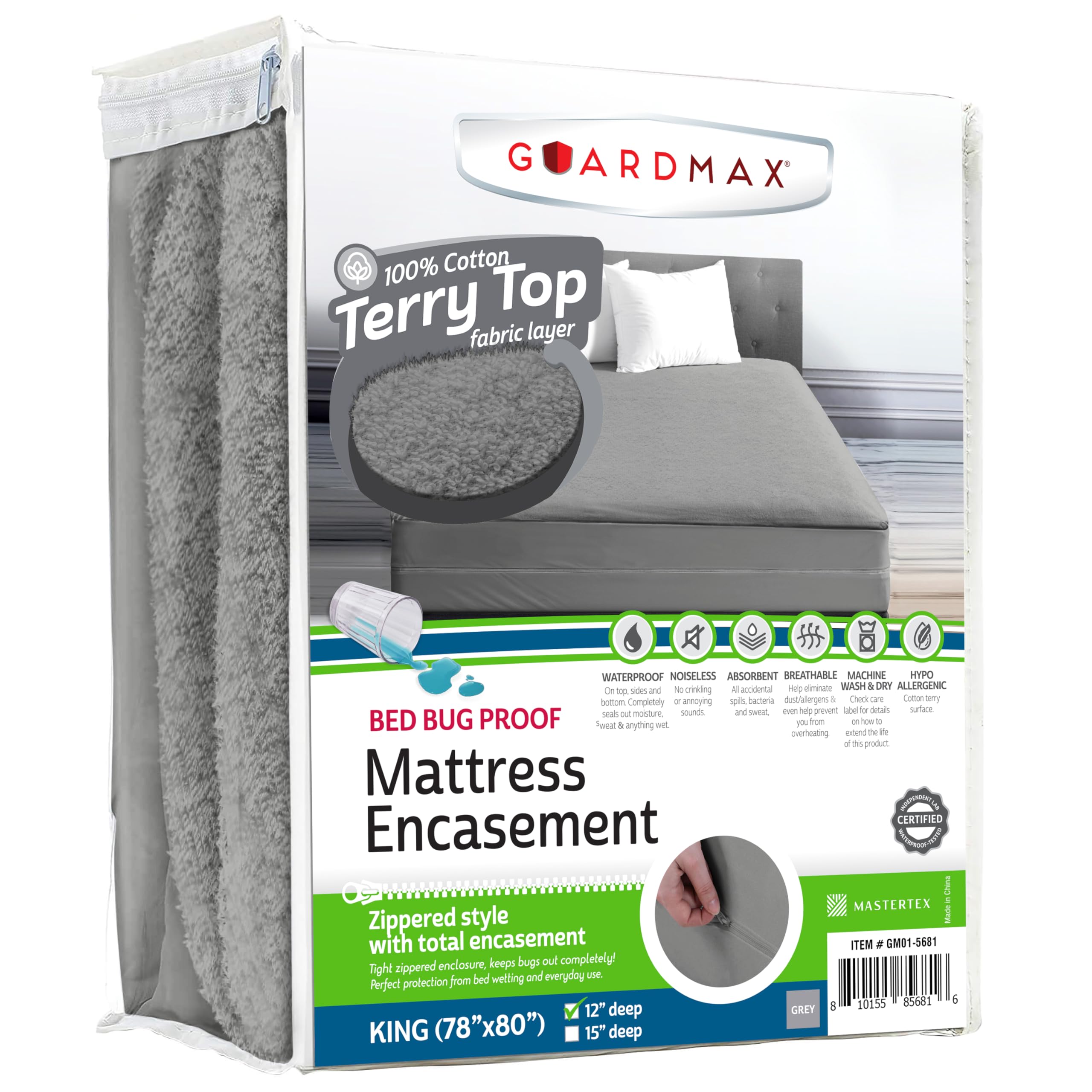 Guardmax Grey Terry Cotton Zippered Mattress Encasement - King Size - 100% Waterproof And Bed Bug Proof Mattress Protector - Absorbent Six-Sided Mattress Cover (Terry Cotton, King)