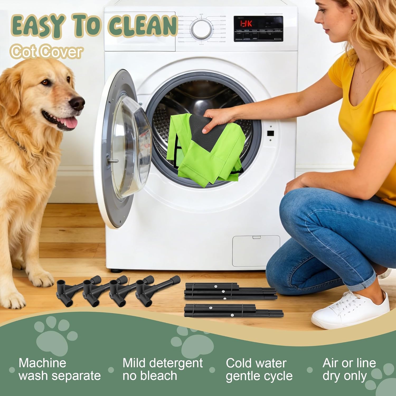 Elevated Dog Bed for Large Dogs - Outdoor Cooling Cot with Washable Breathable Mesh, Portable Raised Pet Bed with Non-Slip Feet & Waterproof Teslin, Heavy Duty & Chew Proof for Camping (Green, Small)