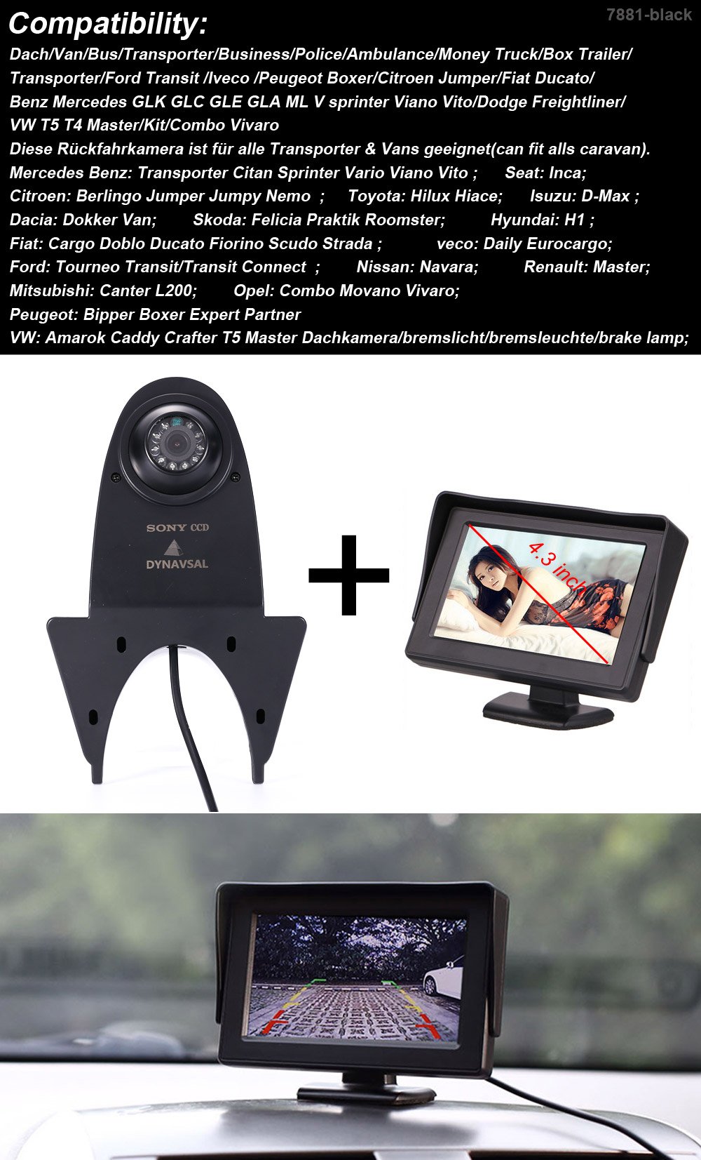 Rückfahrkamera Monitor + Rückfahrkamera Transporter, IR Nachtsicht Auto Kamera mit 4.3 Zoll LCD Farbdisplay wasserdichte,Rückfahrkamera für VW Crafter T5 Mercedes Sprinter Viano Vito Transit Ducato