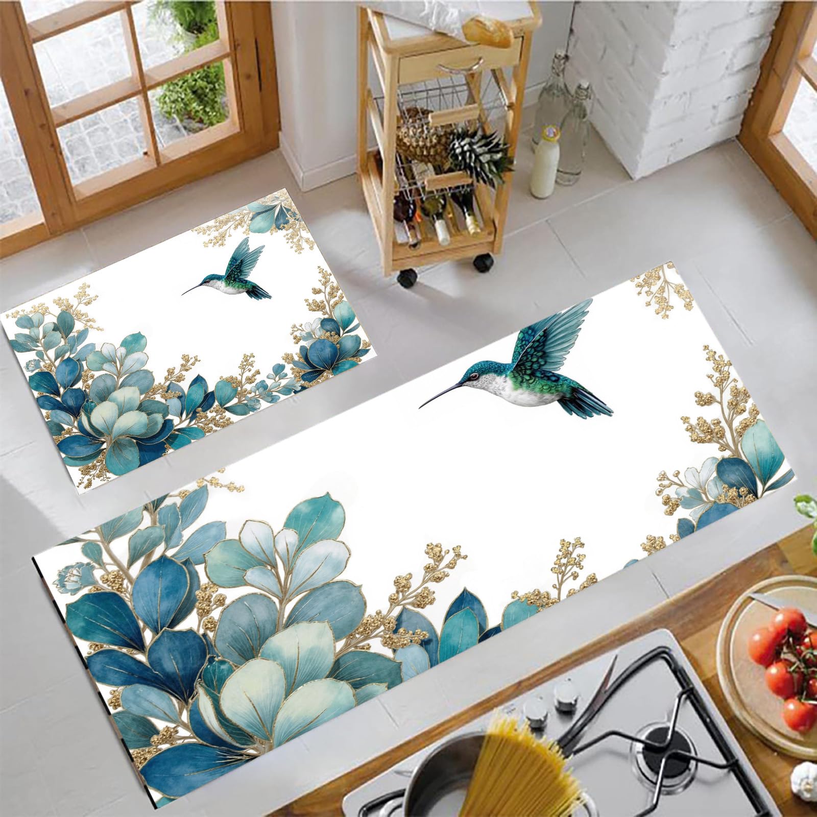 Tapis de cuisine antidérapants lavables motif colibri fleur dorée lot