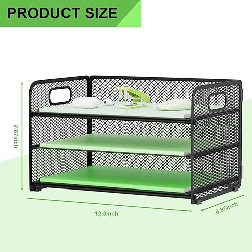 Miniatura 3 de Bandeja organizadora de papel de 3 niveles para escritorio, carpeta de archivos de malla, organizador de documentos con asa para suministros de