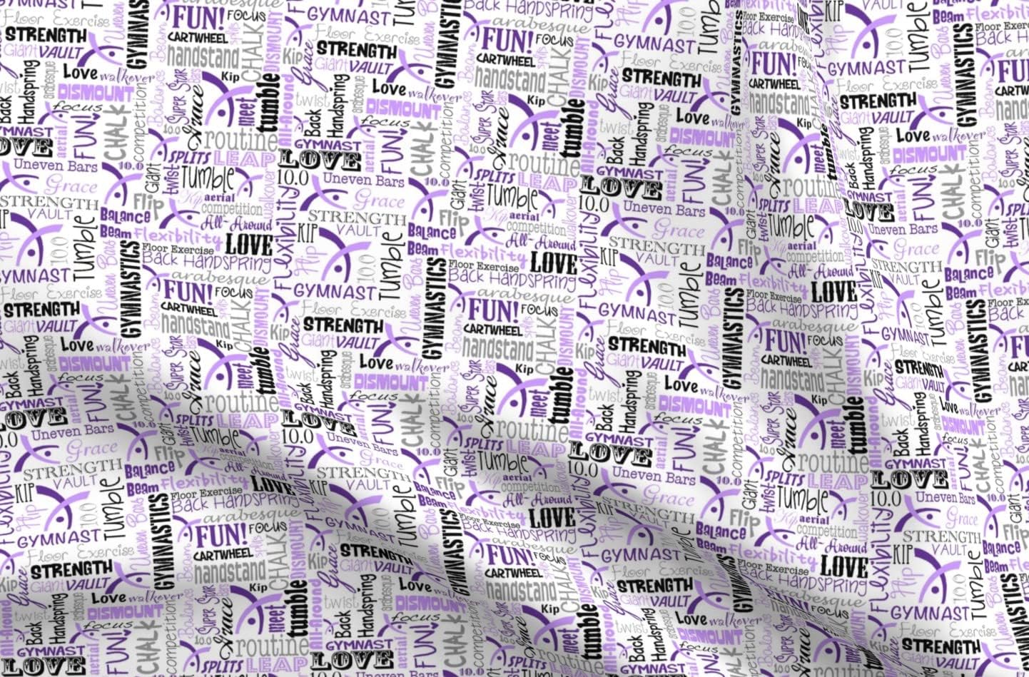 Spoonflower Fabric - Gymnastics, Words, Typography, Purple, Gym, Gymnast, Girls, Sports, Printed on Cotton Poplin Fabric by The Yard - Sewing Shirting Quilting Dresses Apparel Crafts