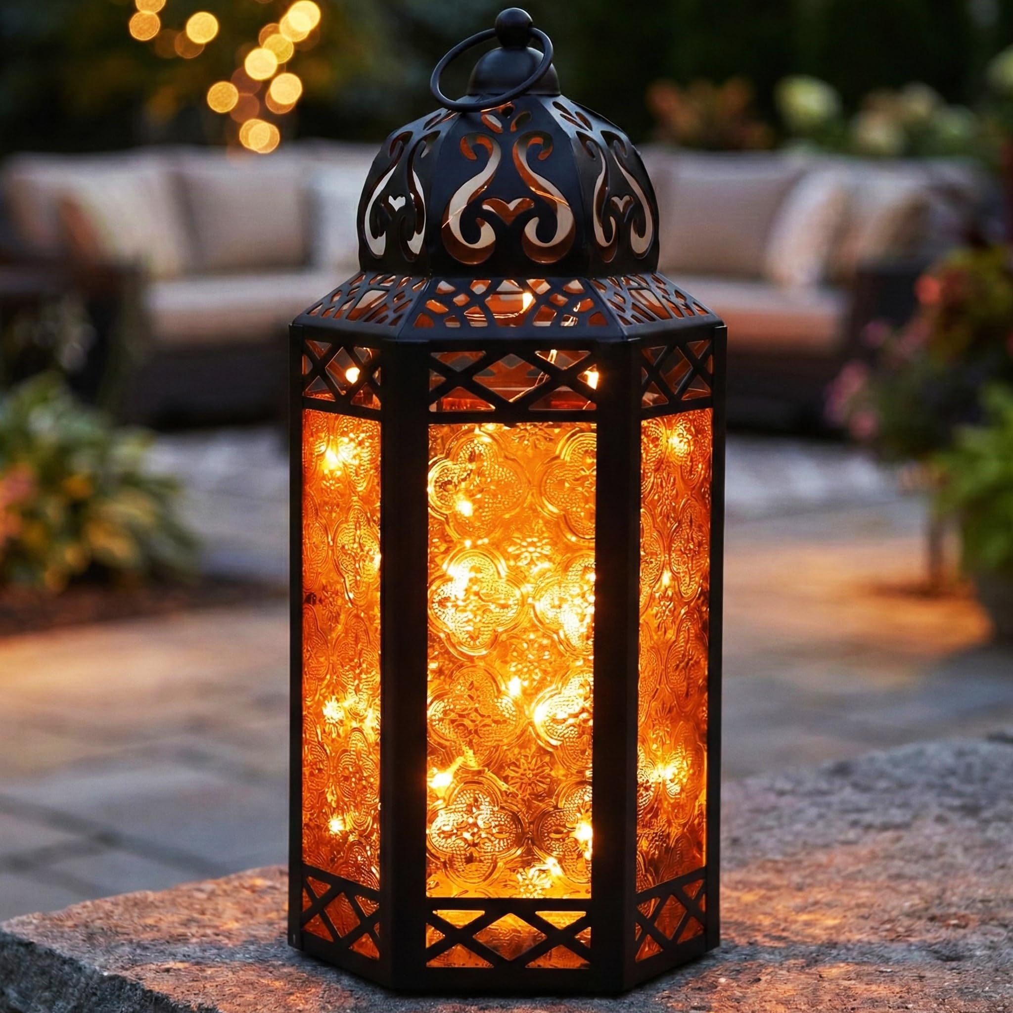 10.5” Blue Glass Metal Moroccan Decorative Candle Lantern with LED Twinkle Fairy Lights & Remote – Table Centerpieces, Indoor Home Decor, Outdoor Patio & Porch, Medium