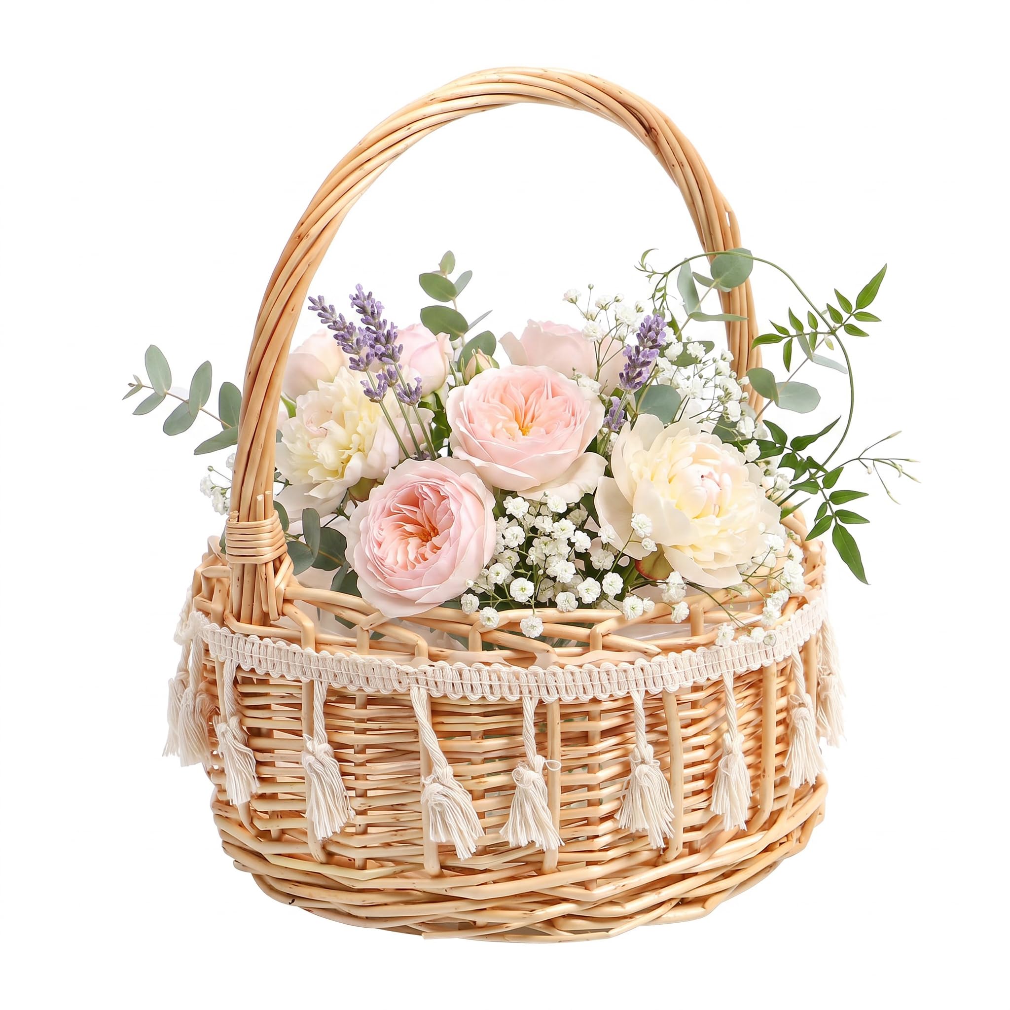 DOITOOL Gewebter Aufbewahrungskorb mit Griffen, Hochzeits-Blumenmädchen-Körbe, Blumen-Osterkorb, dekorativer Weidenkorb, rustikaler Blumenkorb für Zuhause, Hochzeit, Gartendekoration, S (21x17x17 cm)