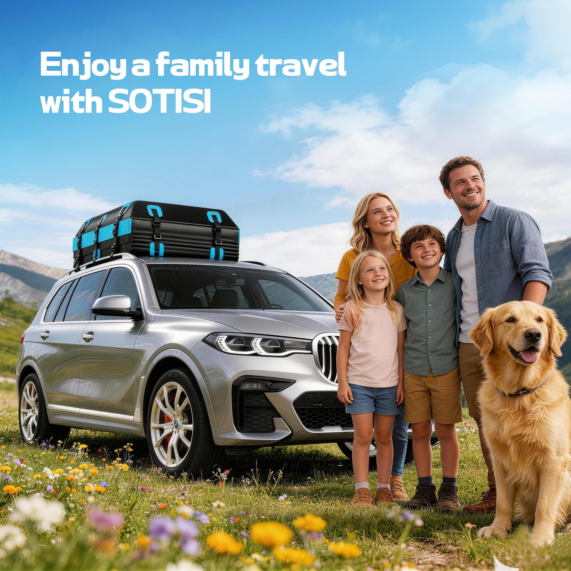 Coffre de toit de voiture 437 l, sac de toit pliable en PVC avec tapis antidérapant, sangles de serrage renforcées, 6 crochets de porte et serrure à combinaison, compatible avec SUV, camionnette