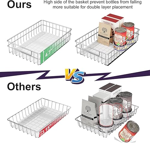 Miniatura 6 de Organizador de gabinete extraíble, paquete de 2 cajones deslizantes de acero inoxidable con toboganes silenciosos de extensión completa, contenedor