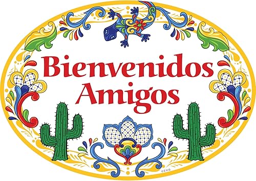 Miniatura 5 de Essence of Europe Gifts Letrero de cerámica tradicional latino de 8.75 x 6 pulgadas, letrero de bienvenida español con ilustraciones en relieve