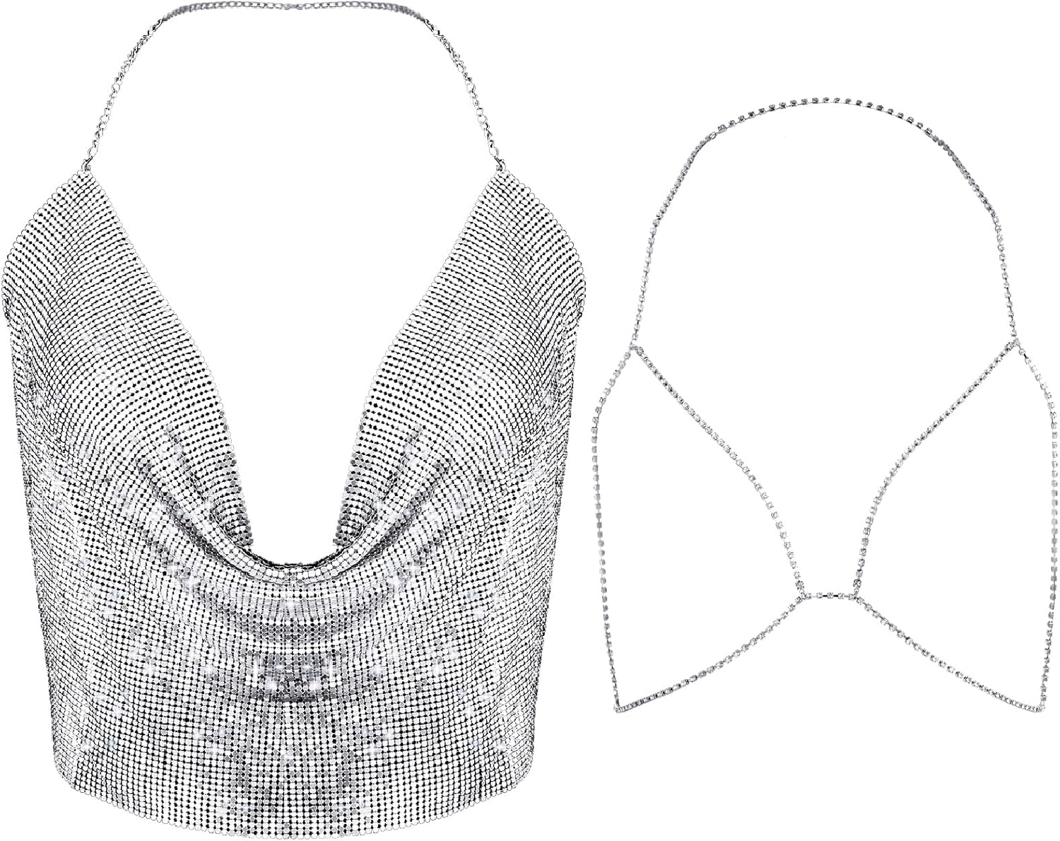 Women Shiny Tank Top Crystal Body Chain Set Sequins Neck Chain Crop Top Shirt Top Bikini with Nipple Cover Double Sided Tape