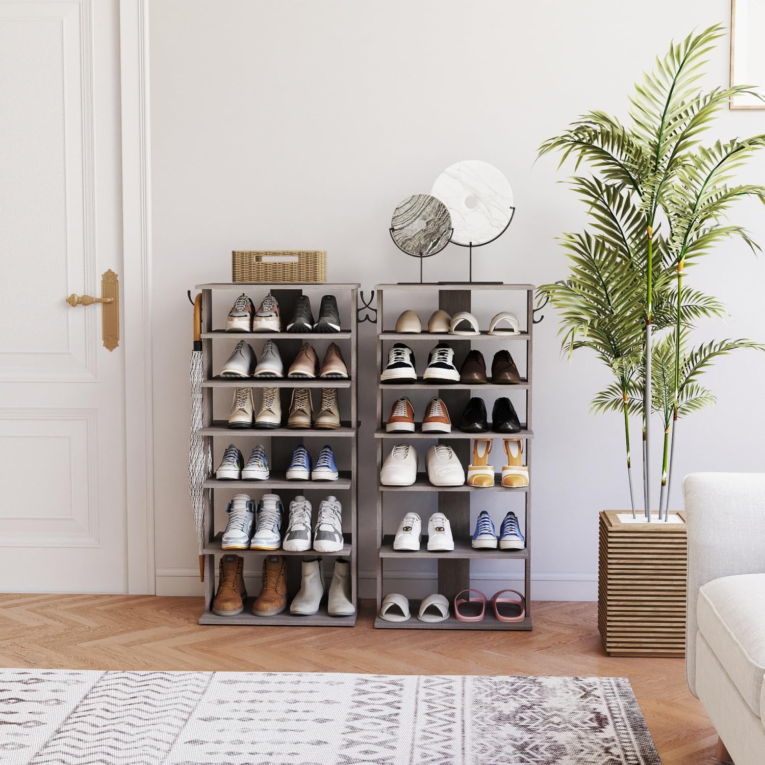 7 Tier Shoe Storage Organizer Particle Board Gray Spacious Capacity for 12-14 Pairs Entryway, Closet, Mudroom Space-Saving Vertical Design