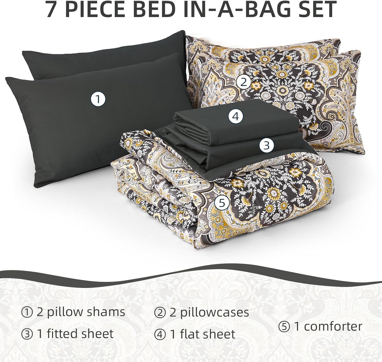 Drucon Boho Paisley Comforter Set Queen Size, 7 Pieces Bed in a Bag Black Gold Comforter Set, Soft Lightweight Bedding Set (1 Comforter, 1 Flat Sheet, 1 Fitted Sheet, 2 Pillow Shams, 2 Pillowcases)