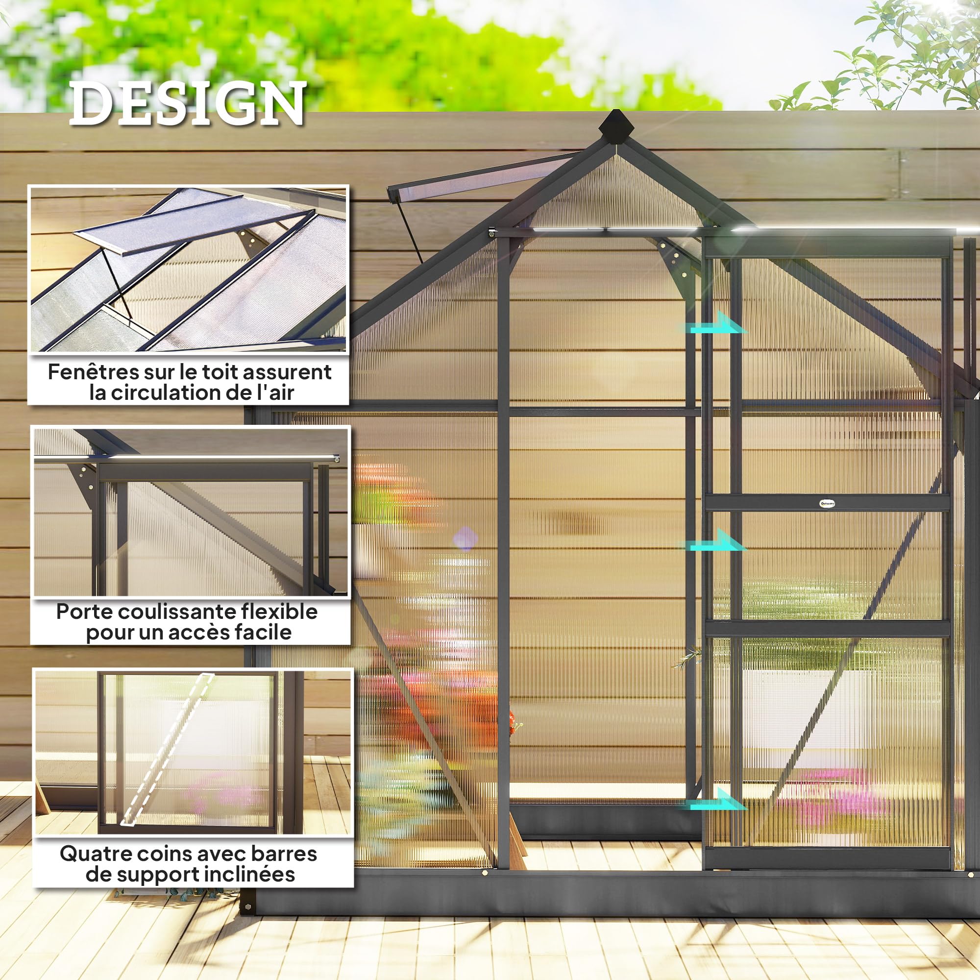 Outsunny Anlehngewächshaus Aus Polycarbonat – 127x253x240 Cm, Mit Schiebetür, Dachlüftung & Alurahmen, Schwarz