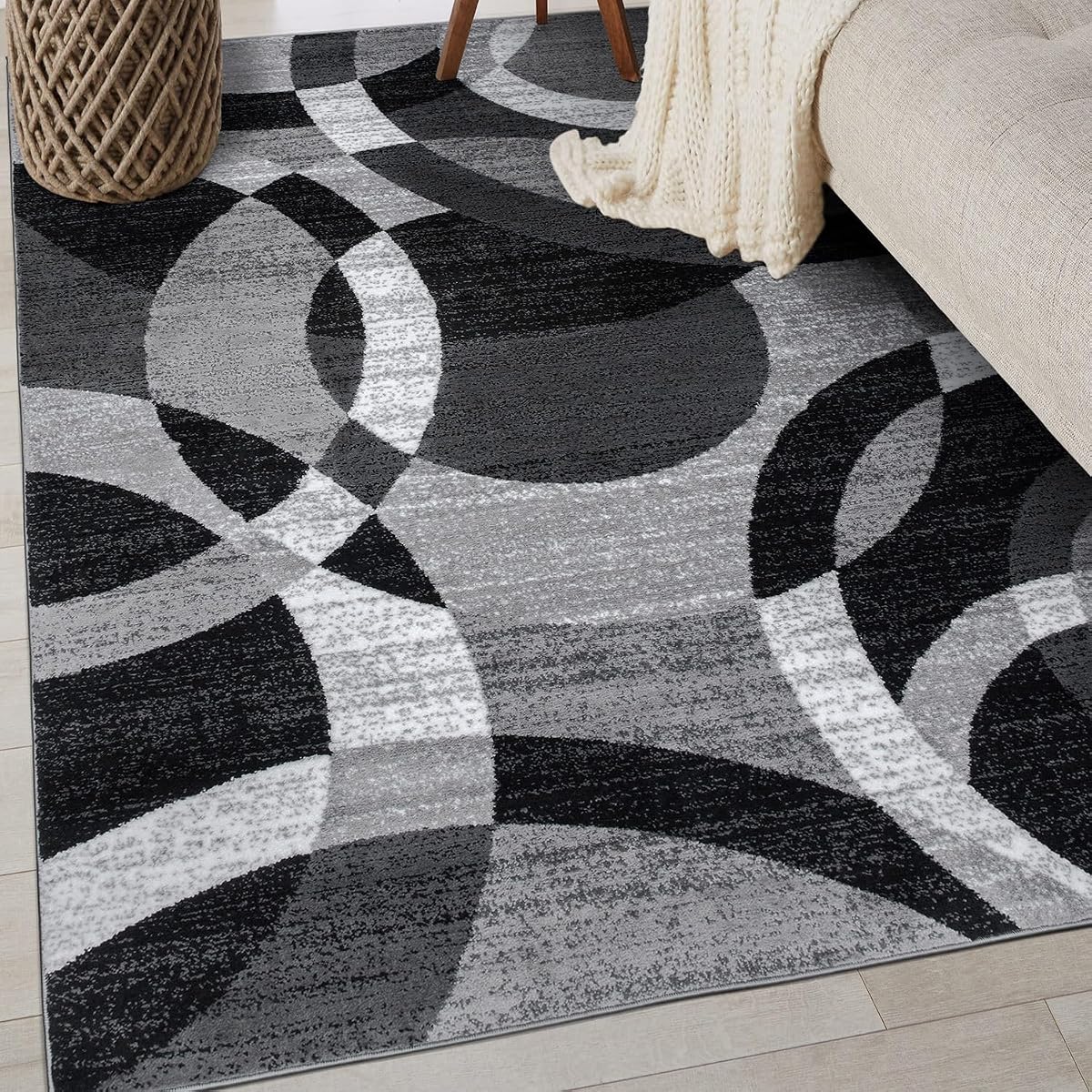Abstract Circles Modern Geometric Area Rug Gray 3'3" x 5' | Non-Shedding, High Traffic, Rectangular, Size 3'3" x 5', Living Room, Bedroom, Dining Room, Home Office, Kitchen, Entryway