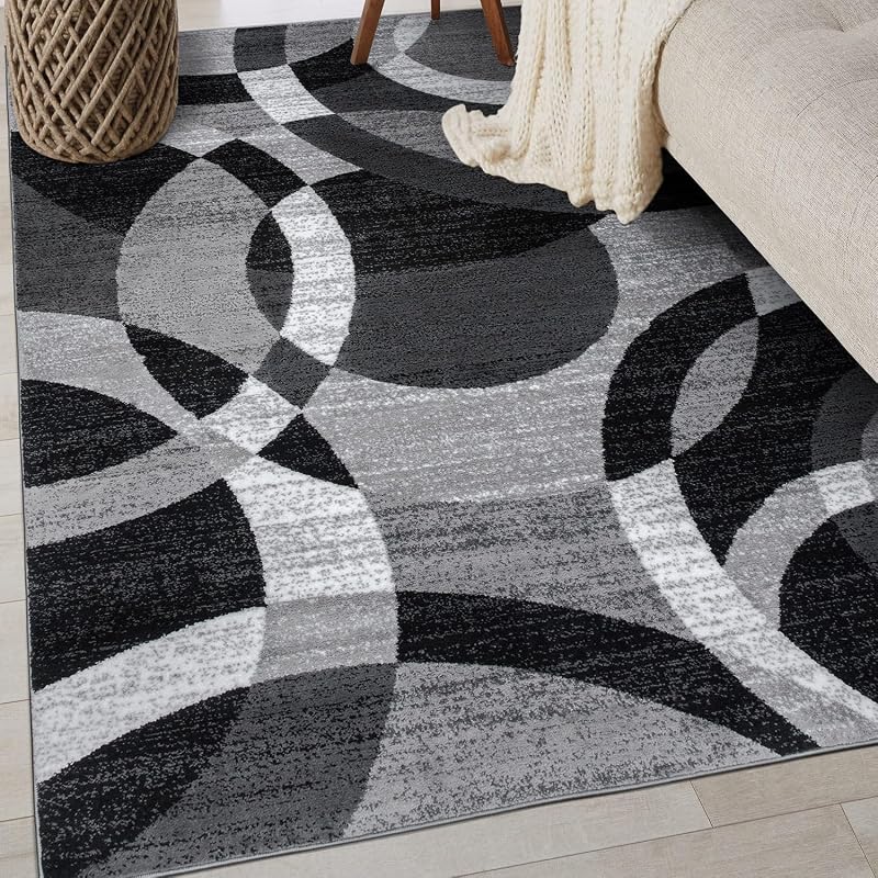 Abstract Circles Modern Geometric Area Rug Gray 3'3" x 5' | Non-Shedding, High Traffic, Rectangular, Size 3'3" x 5', Living Room, Bedroom, Dining Room, Home Office, Kitchen, Entryway