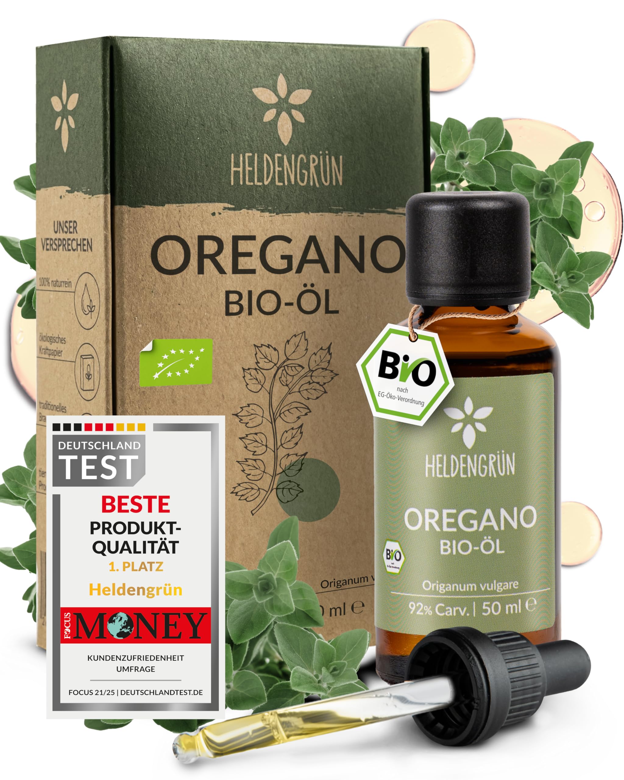 Heldengrün® BIO Oregano Öl 50 ml [MAX HOCHDOSIERT] mit +92% Carvacrol - Zertifiziertes Lebensmittel zum Einnehmen - Oreganoöl Bio aus Griechenland - Oregano Oil