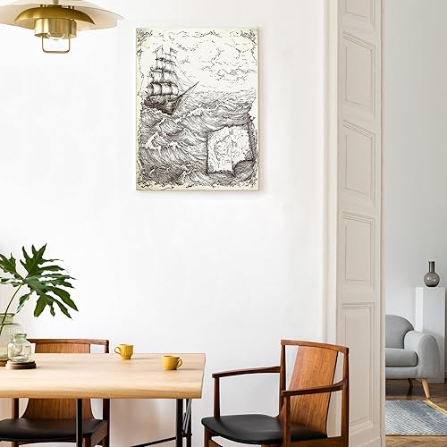 Miniatura 5 de 1 Piece Vintage Nautical Treasure Map Canvas Prints Wall Art 8 * 12, Retro Ship Vertical Wall Art for Living Room Bedroom, Big Small Cool Routes