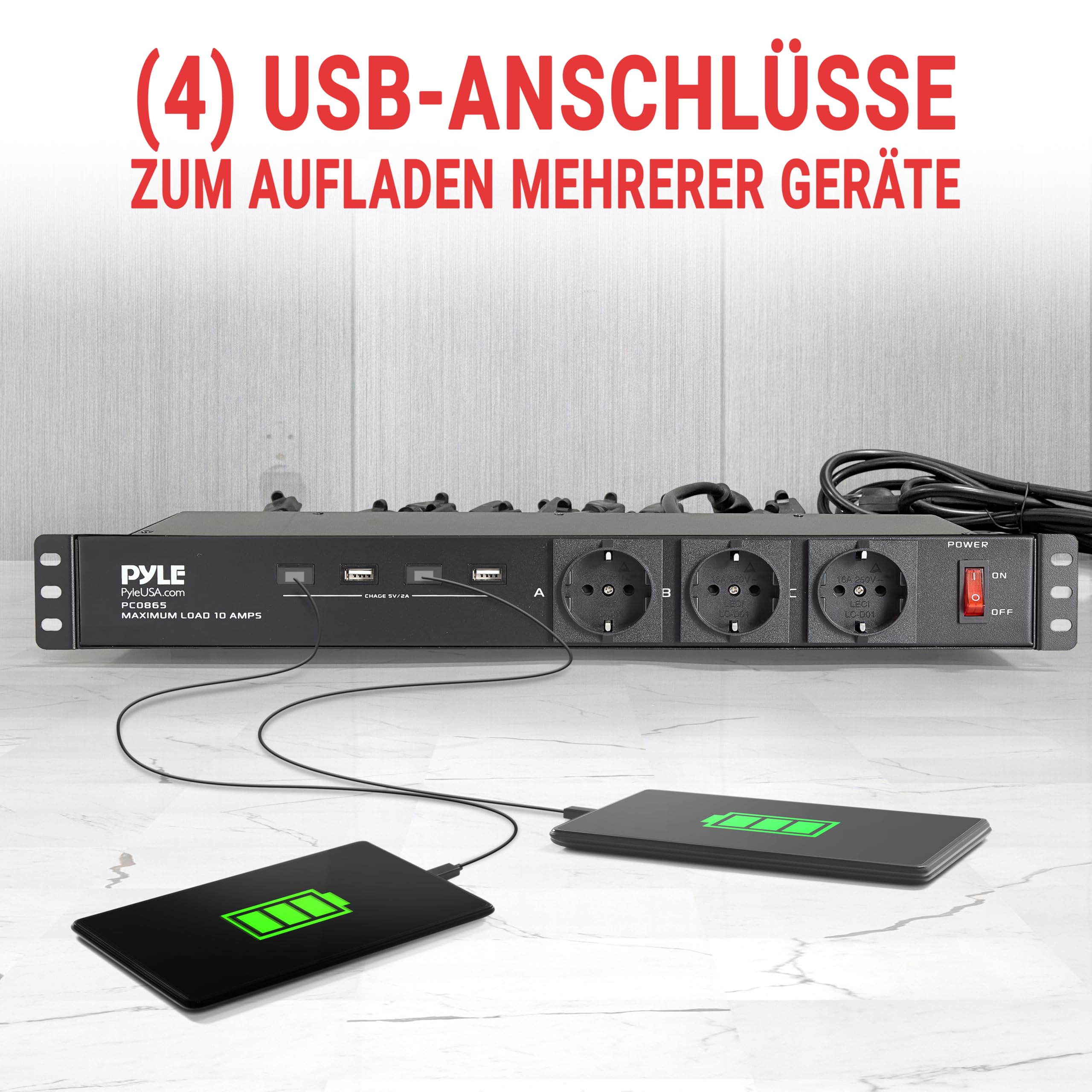 Pyle Stromverteiler- 1U Rack, Mehrfachsteckdose mit 12 Fest Verkabelten Ausgängen, 3 Frontsteckdosen & 4 USB-Ports (5V/2A), 5 m Netzkabel, Metallgehäuse, Rack-PDU für Studio, Bühne & Installation