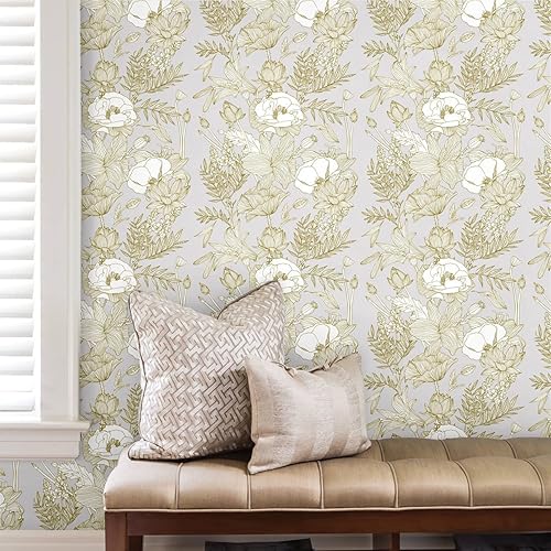 Miniatura 3 de Blooming Wall Lotus Lily Damasks - Papel tapiz para despegar y pegar (17.7 x 394 pulgadas, dorado metálico)