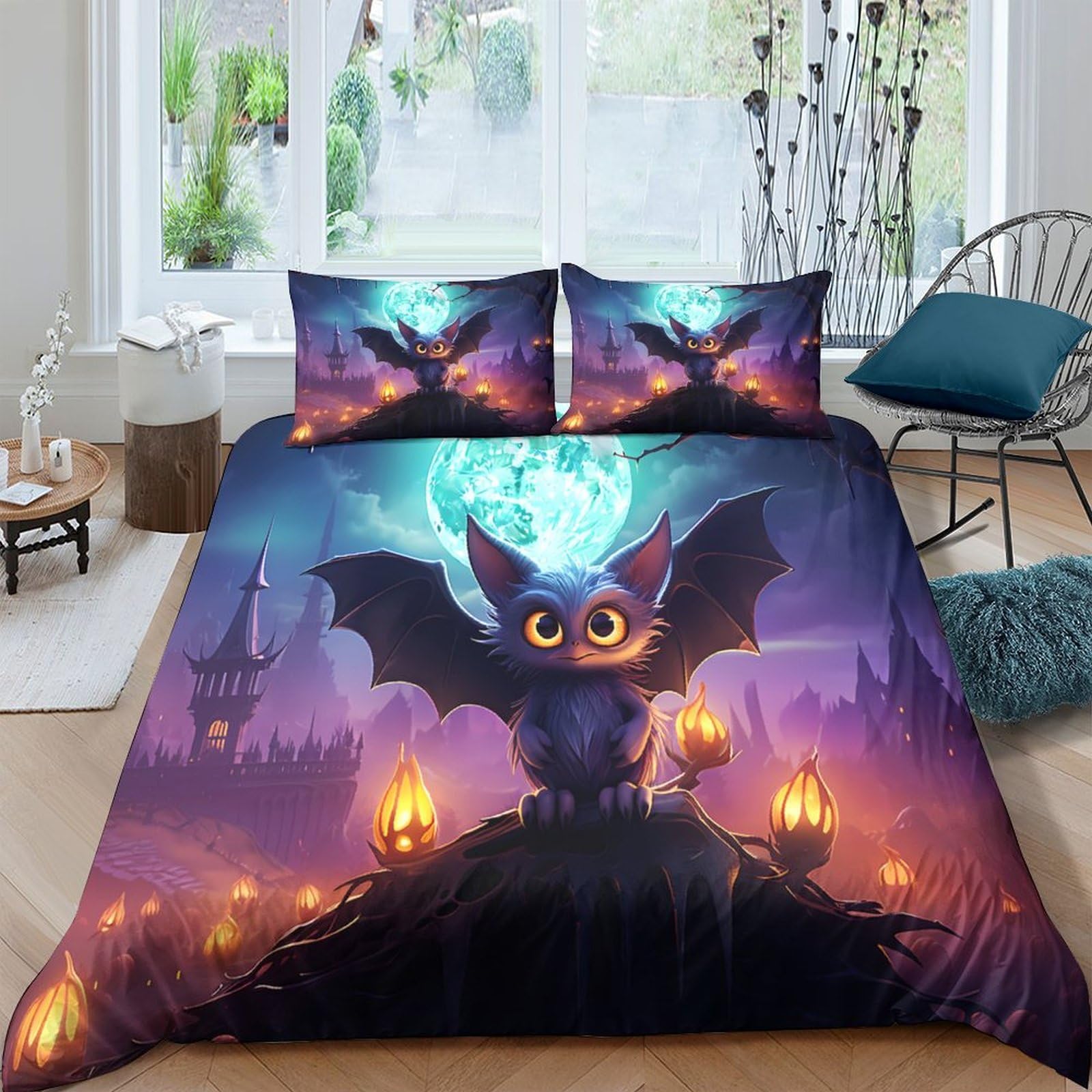 Ctjqhvkz Style-10 3D Printed Cute Bat Night Fitted Sheet Microfiber Soft Purple Blue Moon Mattress Cover For Bedroom Decor Dorm Room Single（135X200cm）