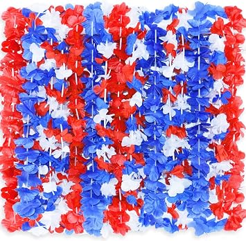 LALASTAR Red White and Blue Flower Leis, Memorial Day Decorations, 4th of July Memorial Day Patriotic Decorations, Hawaiian Luau Flower Necklace Party Favors, Pack of 12