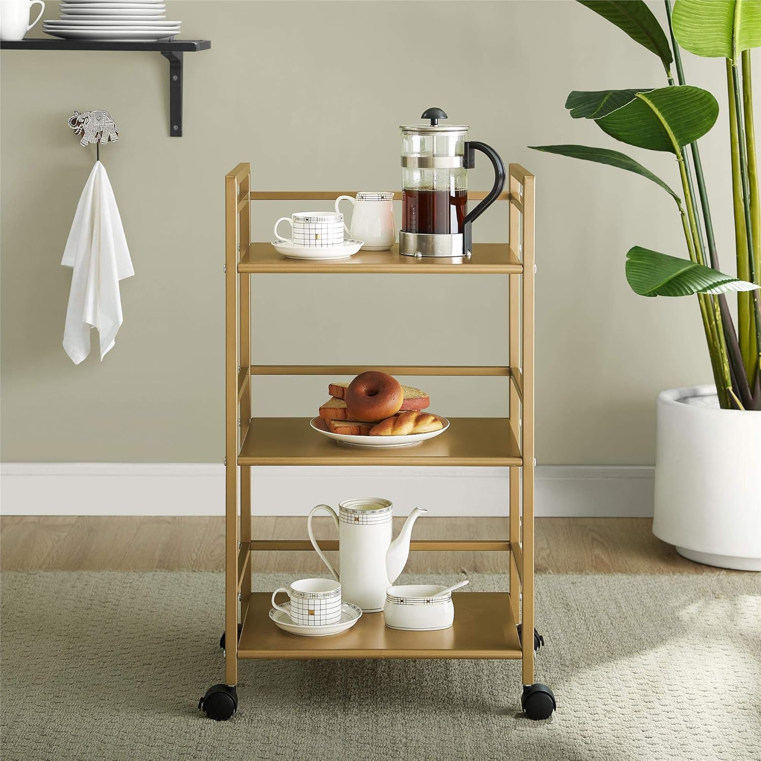 Novogratz Helix 3 Shelf Metal Rolling Utility Cart, Gold