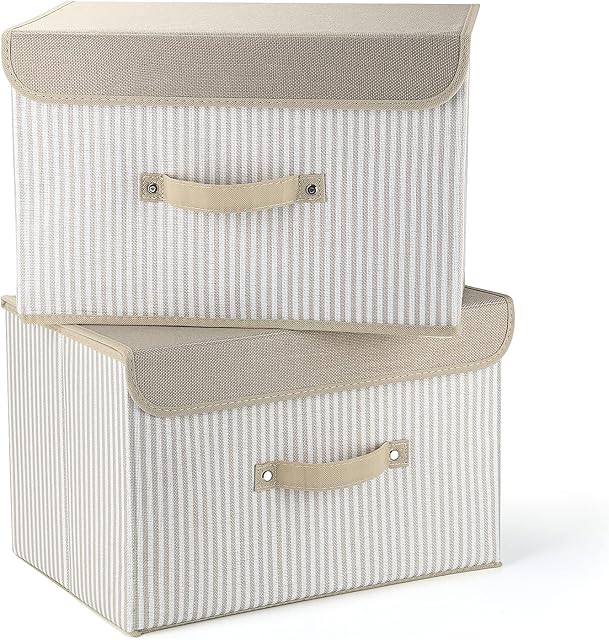 Amazon Brand - Umi Large Storage Boxes with Lids 2 Pack, Collapsible Storage Box with Handle, Linen Fabric Clothing Storage Bins Toy Box For Clothes, Towels, Books - 39x26x26 cm, Yellow Stripes