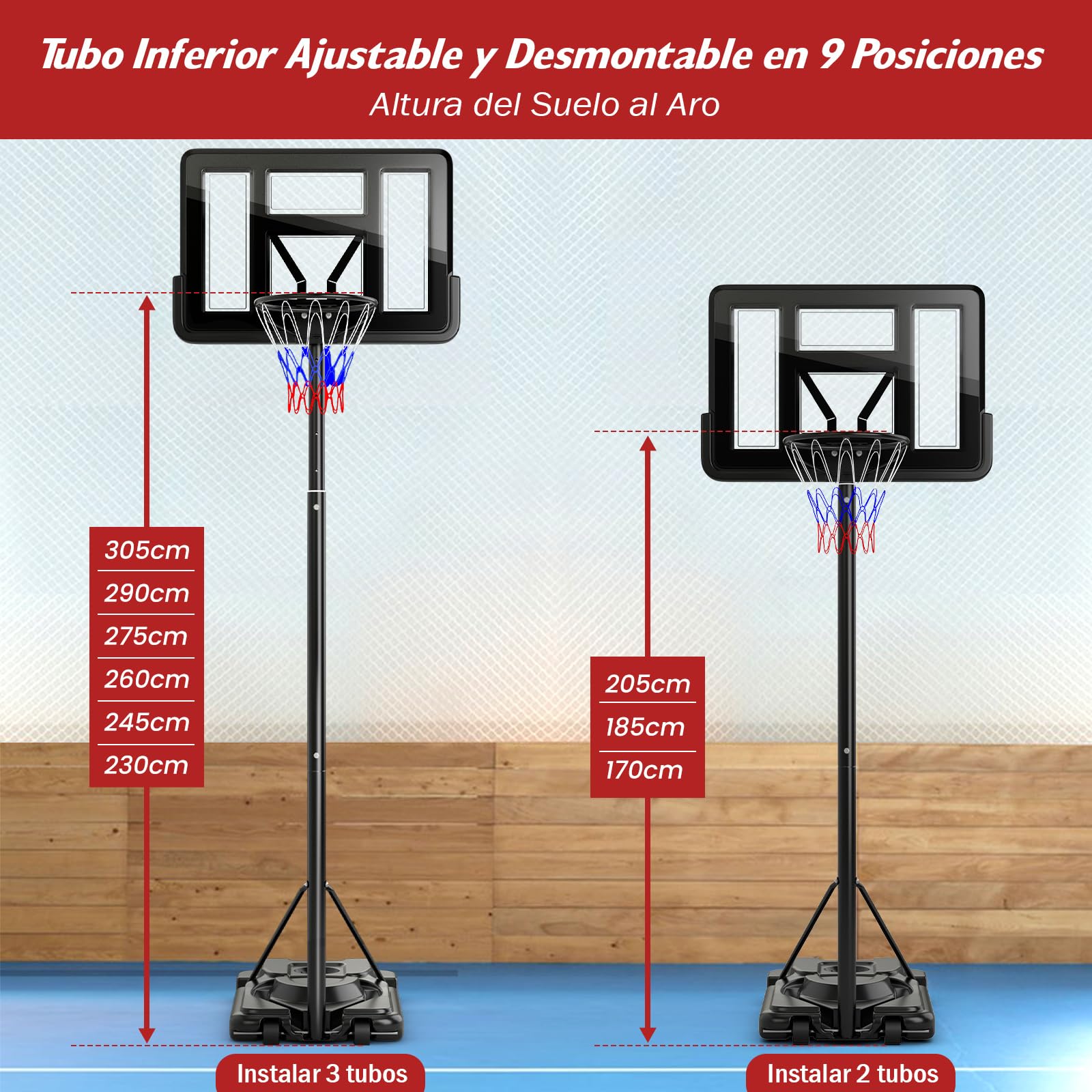 COSTWAY Canasta de Baloncesto Adultos, Altura Ajustable de 9 Niveles, 230-305cm, Aro Baloncesto Exterior con Ruedas, Canasta de Baloncesto Interior Exterior