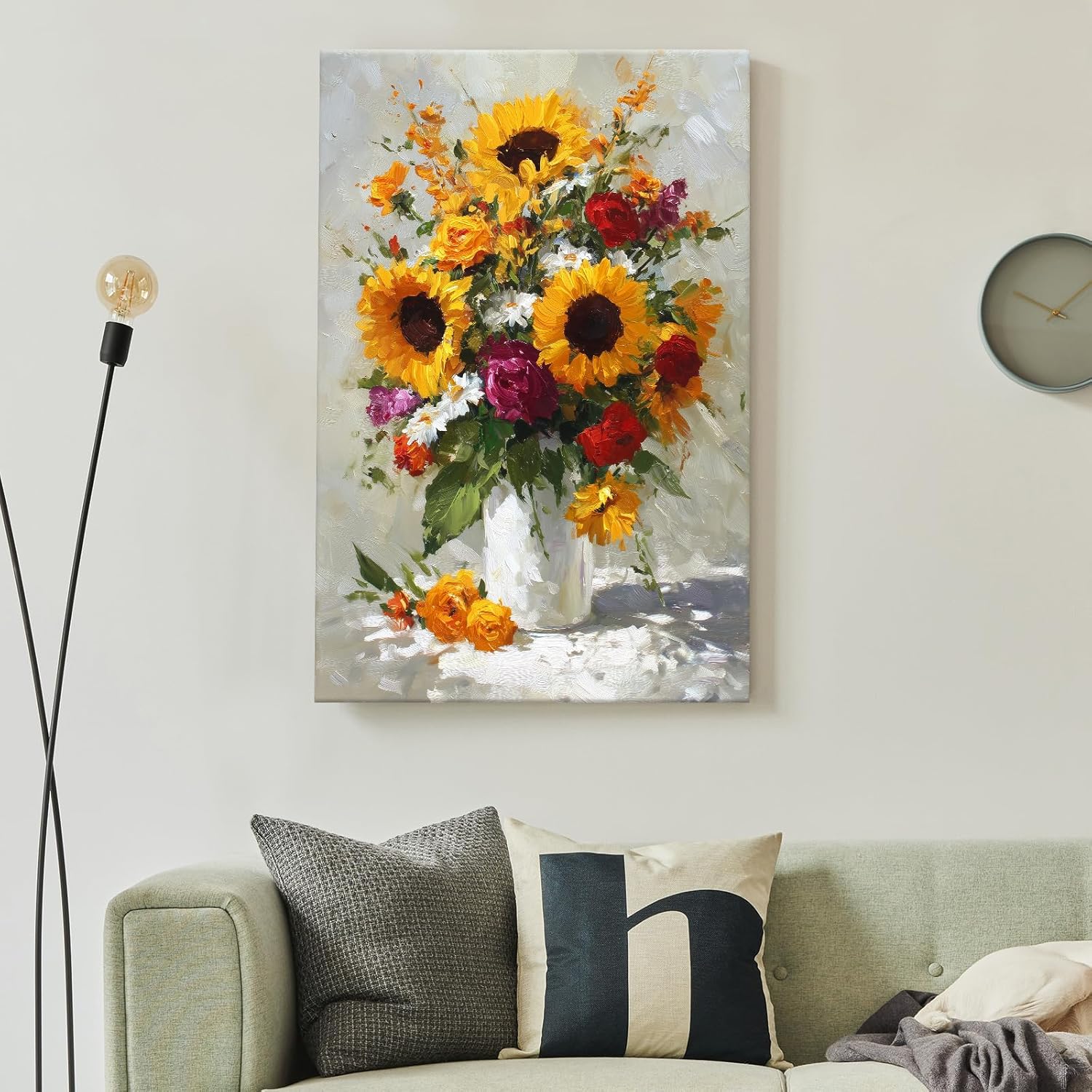 llribbons Sunflowers Canvas Wall Art Flowers Bouquet Painting Pictures Wilflowers Prints Modern Artwork for Living Room Bedroom Bathroom Office Home Wall Decor Framed Ready to Hang 12" x 18"