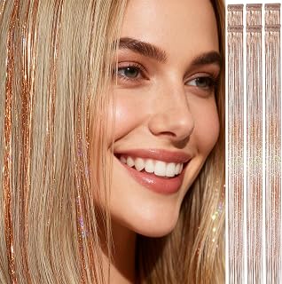 Clip in Hair Tinsel 6 Strips Bronze Gold with 75 Strands 24 Inches Heat Resistant for Summer Festival Holiday(11-Bronze Gold, 24 Inches 6 Pcs)